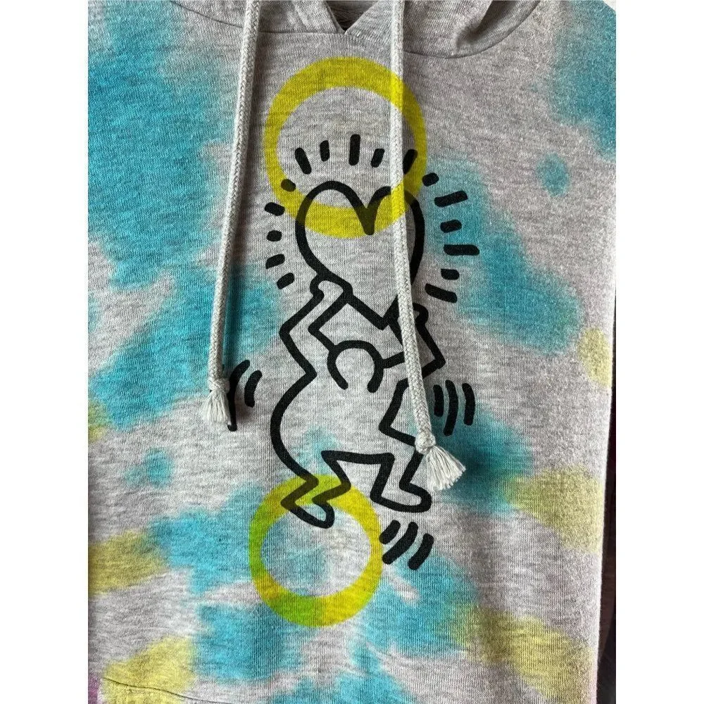 Keith Haring Womens Tie Dye Hoodie Hooded Graphic Sweatshirt XS Gray Loungewear